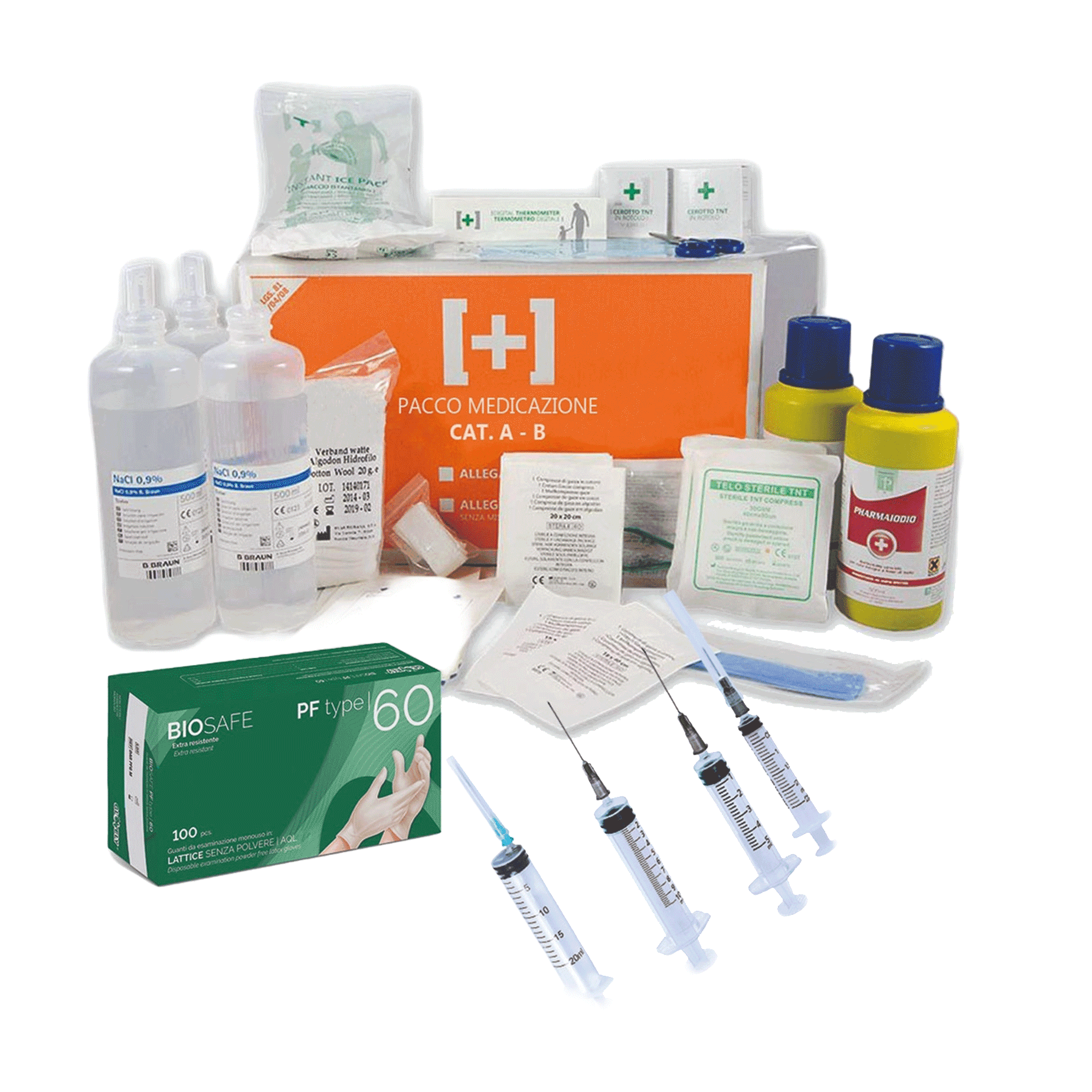 Assortimento di materiale medico di consumo: pacco medicazione, guanti monouso, siringhe, disinfettanti e medicazioni sterili